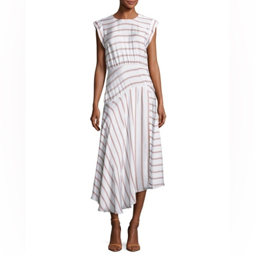 VERONICA BEARD Jackie Asymmetric Striped Jewel Neck White Midi Dress NWT Size 10
